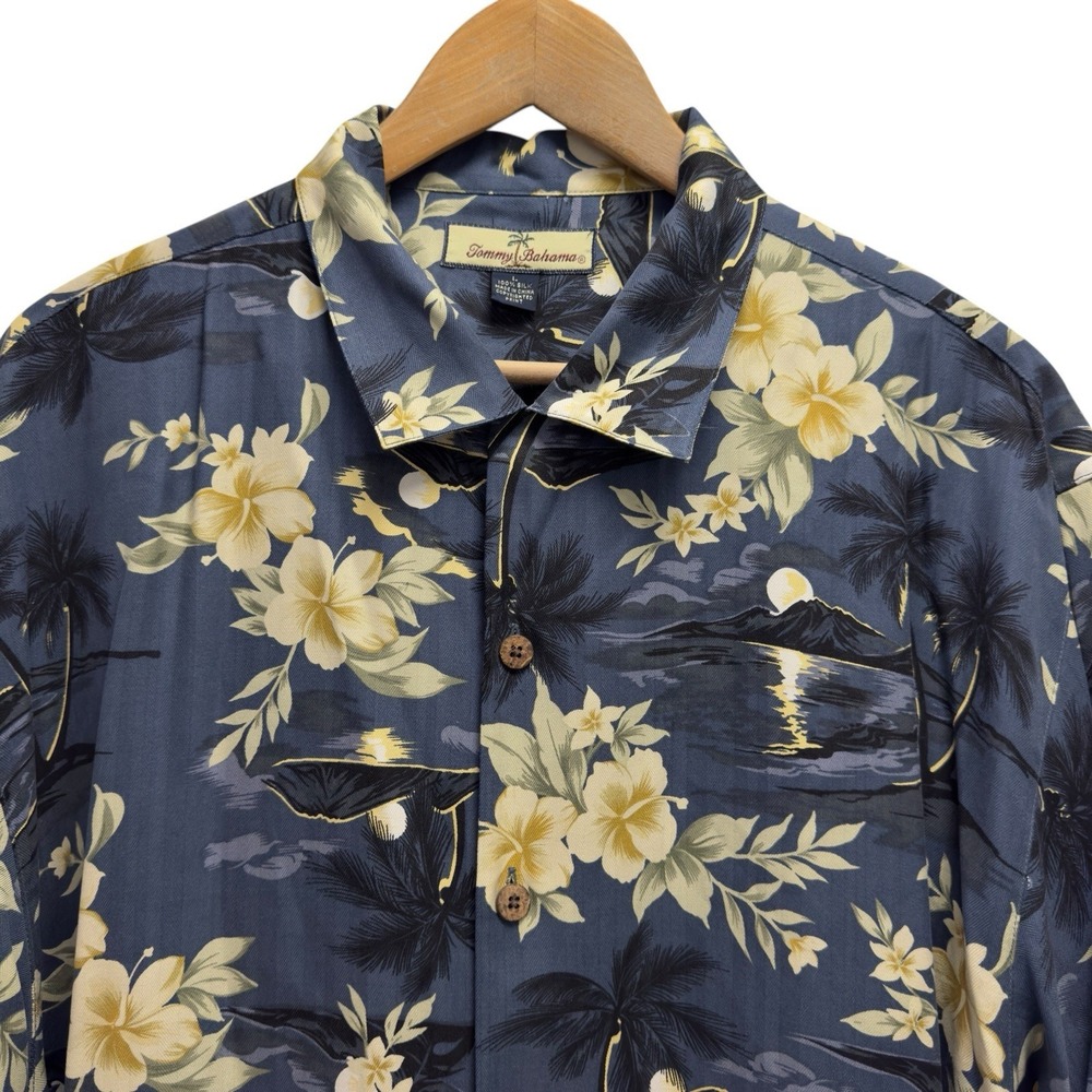 Tommy Bahama Men's Large Navy Floral Hawaiian Sunset Island Silk Camp Shirt euc